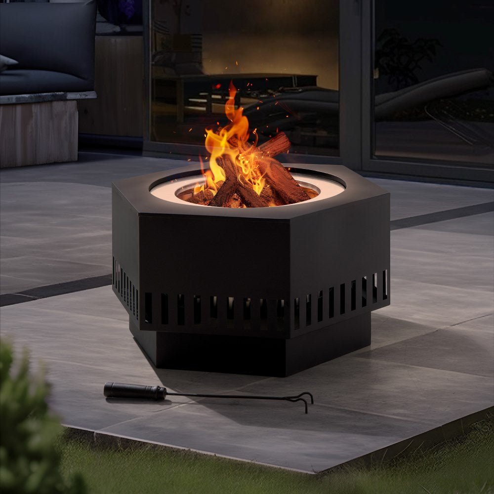 A301060500_Smokeless_Fire_Pit_Night SUNJOY 28 Inch Hexagon Stainless Steel Smokeless Fire Pit with PVC Cover and Poker - Rectangular Pattern
