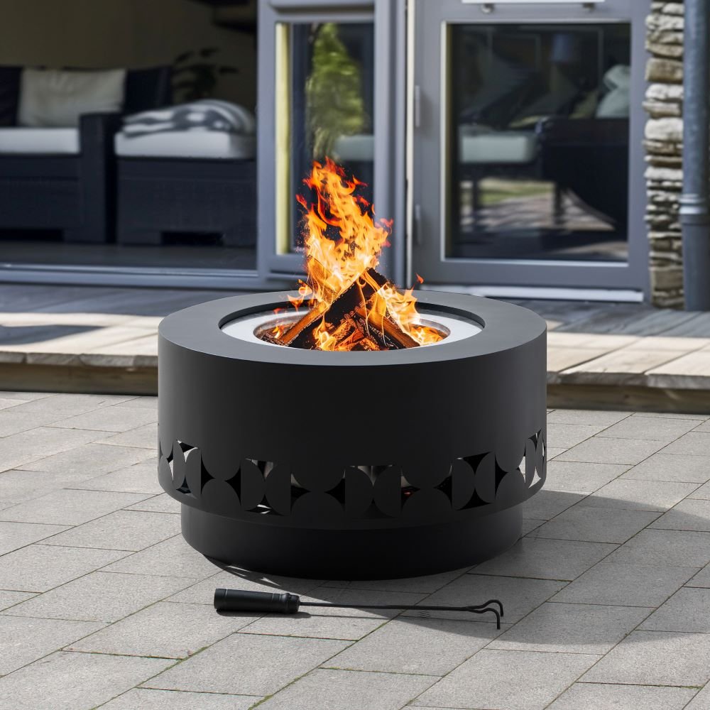 A301060800_Triangular_Smokeless_Fire_Pit_Day SUNJOY 28 Inch Round Stainless Steel Smokeless Fire Pit with PVC Cover and Poker - Black