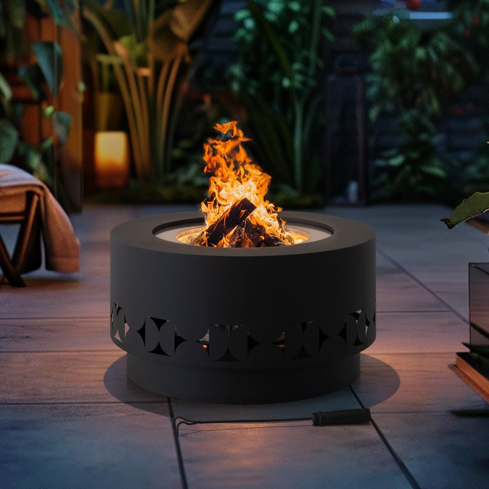 A301060800_Triangular_Smokeless_Fire_Pit_Night SUNJOY 28 Inch Round Stainless Steel Smokeless Fire Pit with PVC Cover and Poker - Black