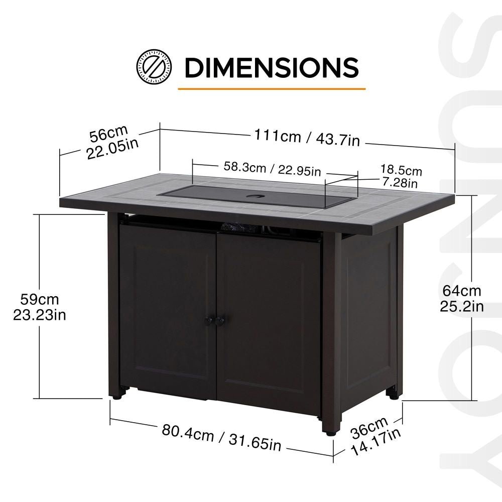 A302008600_44Inch_Propane_Gas_Fire_Pit_Table_Dimensions SUNJOY 44 Inch Propane Gas Fire Pit Table with Tile Tabletop & Lava Rocks