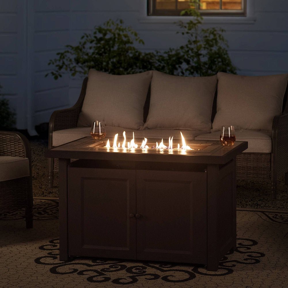 A302008600_44Inch_Propane_Gas_Fire_Pit_Table_Night SUNJOY 44 Inch Propane Gas Fire Pit Table with Tile Tabletop & Lava Rocks