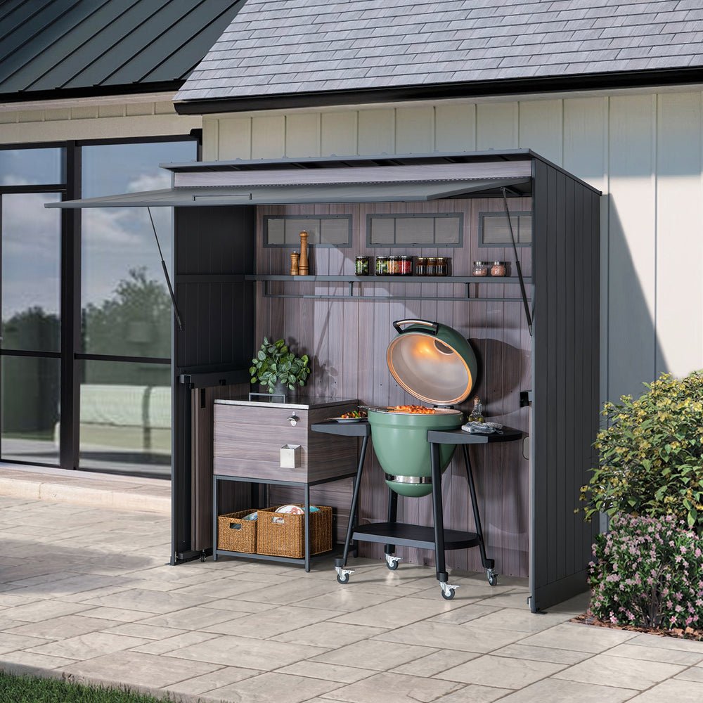 A801002750_Fleetwood_Outdoor_Grill_Kitchen_Day_2 SUNJOY 7' x 3' Outdoor Kitchen / Grill Station with Overhead Lift-Up Door & Folding Sliding Doors for Compact Space