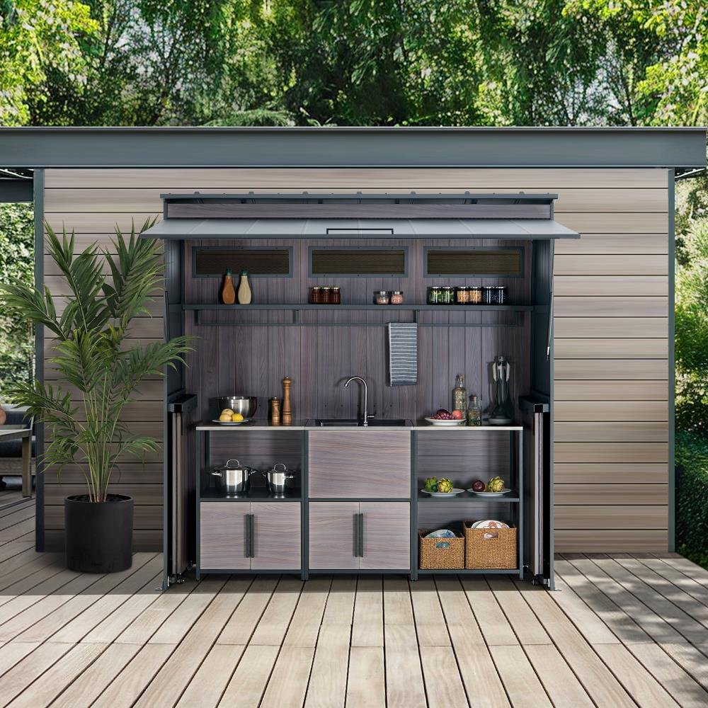 A801002750_Fleetwood_Outdoor_Grill_Kitchen_Day_3 SUNJOY 7' x 3' Outdoor Kitchen / Grill Station with Overhead Lift-Up Door & Folding Sliding Doors for Compact Space