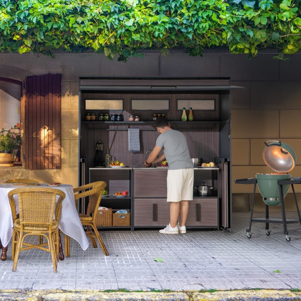 A801002750_Fleetwood_Outdoor_Grill_Kitchen_Lifestyle SUNJOY 7' x 3' Outdoor Kitchen / Grill Station with Overhead Lift-Up Door & Folding Sliding Doors for Compact Space