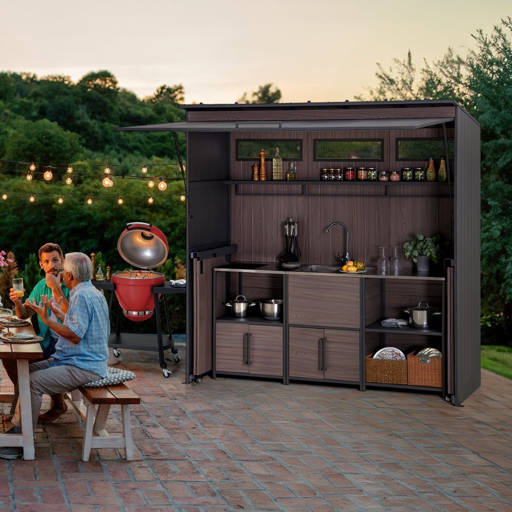 A801002750_Fleetwood_Outdoor_Grill_Kitchen_lifestyle_2 SUNJOY 7' x 3' Outdoor Kitchen / Grill Station with Overhead Lift-Up Door & Folding Sliding Doors for Compact Space
