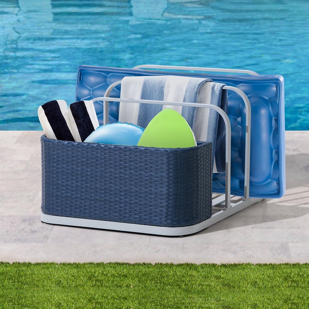 A804001601_Pool_Float_Storage_Rack_Day SUNJOY 35 Inch Rust-proof Wicker Pool Float Storage Rack for Floaties - Navy